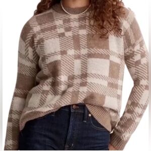 NWT Madewell Women's Plaid Crewneck Sweater - Brown and Cream Size XS